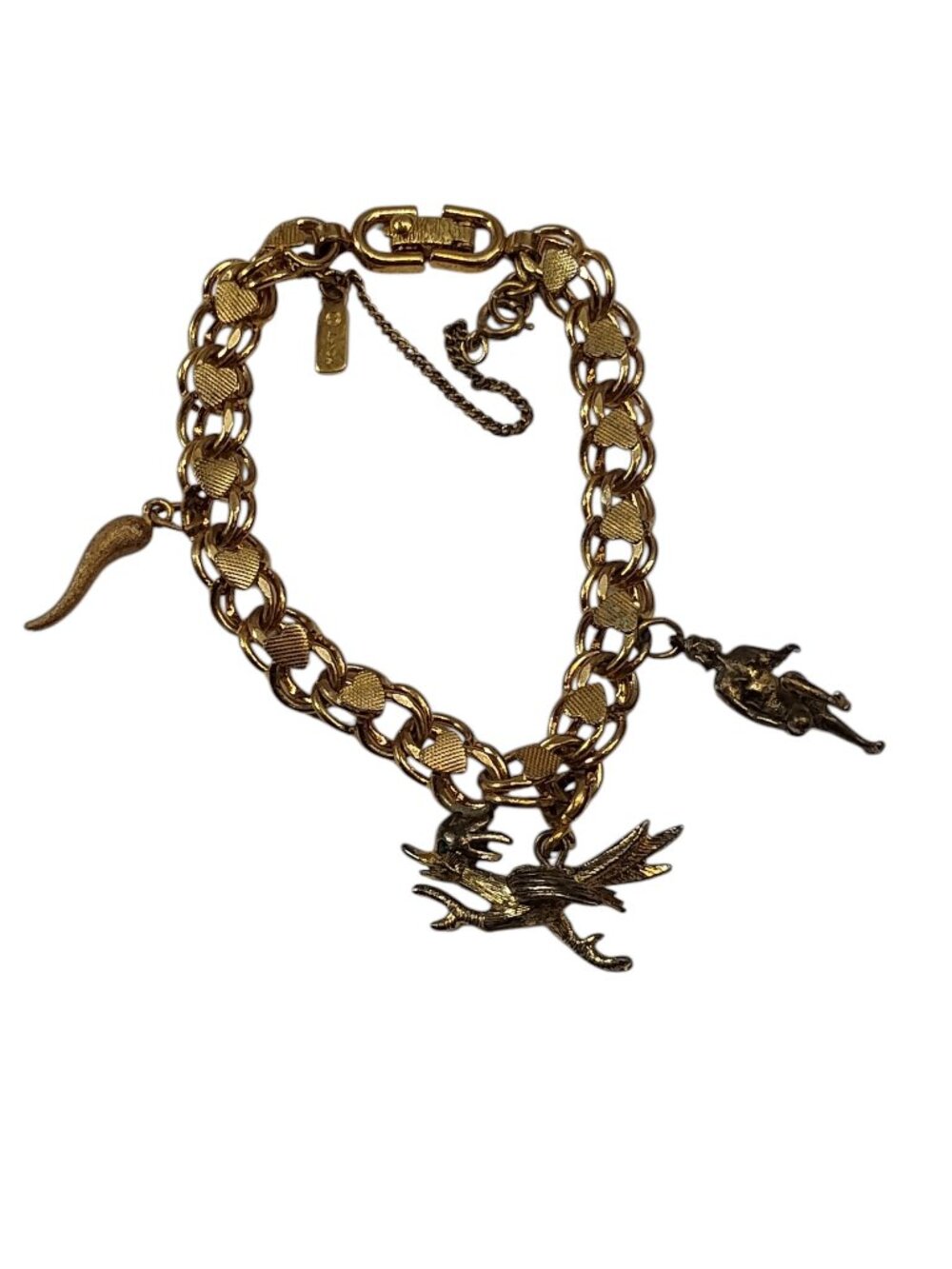 Vintage Monet Heart Charm Bracelet with Women Bowling Italian Horn Roadrunner